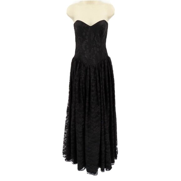 VTG Gunne Sax Jessica McClintock Women 9 Black Lace Strapless Gown Dress Bow - Picture 12 of 13